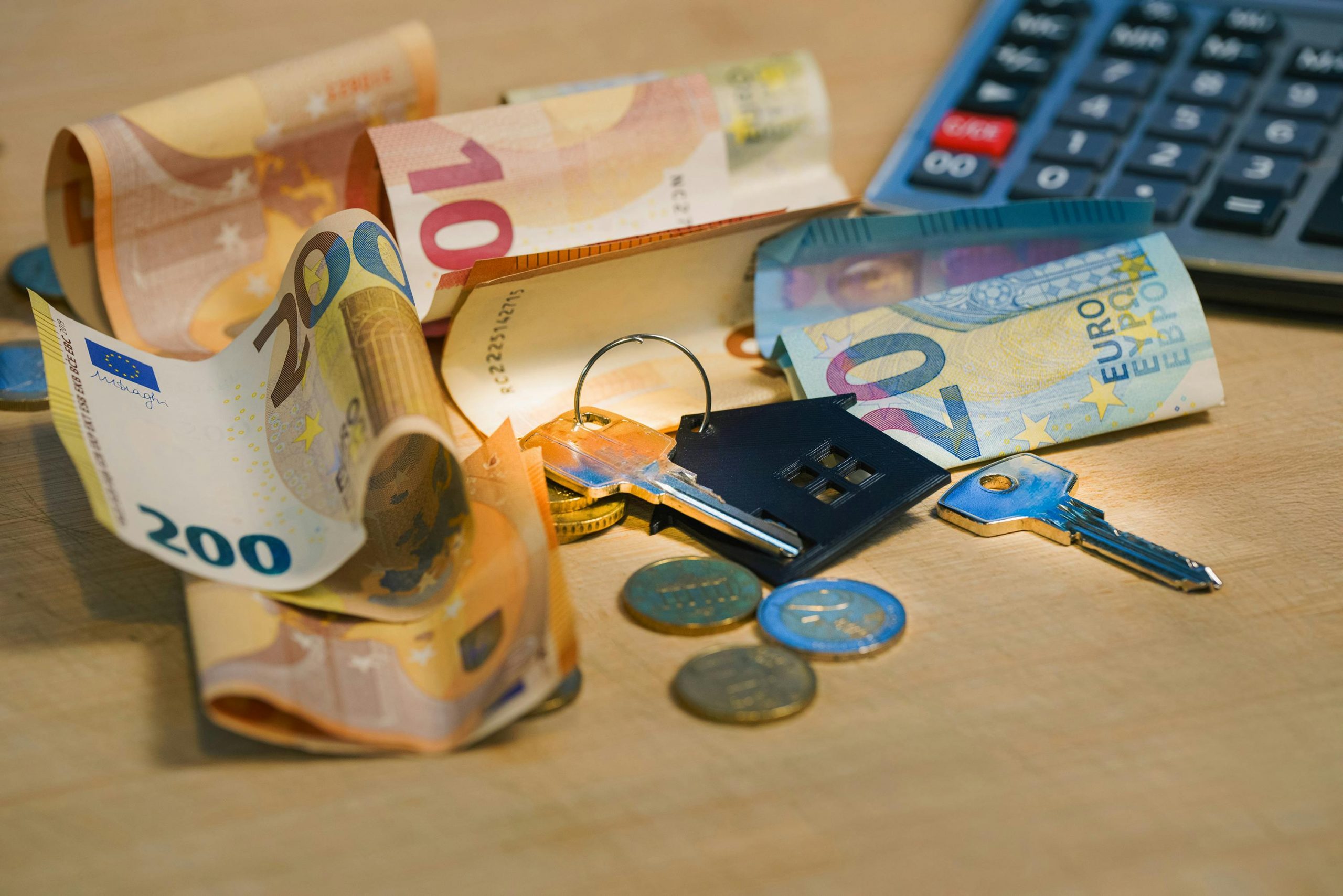a key with a house-shaped keychain, a calculator, bills, and coins on a wooden table